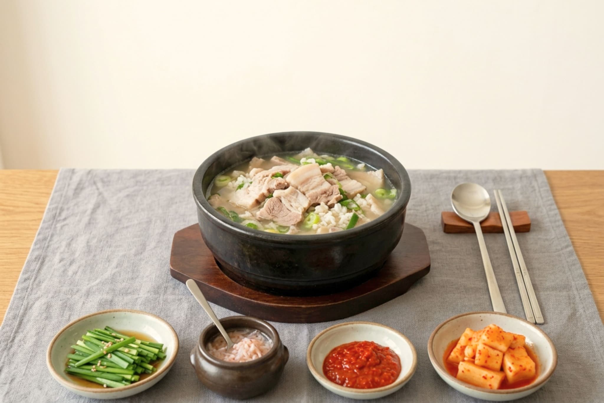 A bowl of dwaeji gukbap served with rice, pork, and side dishes